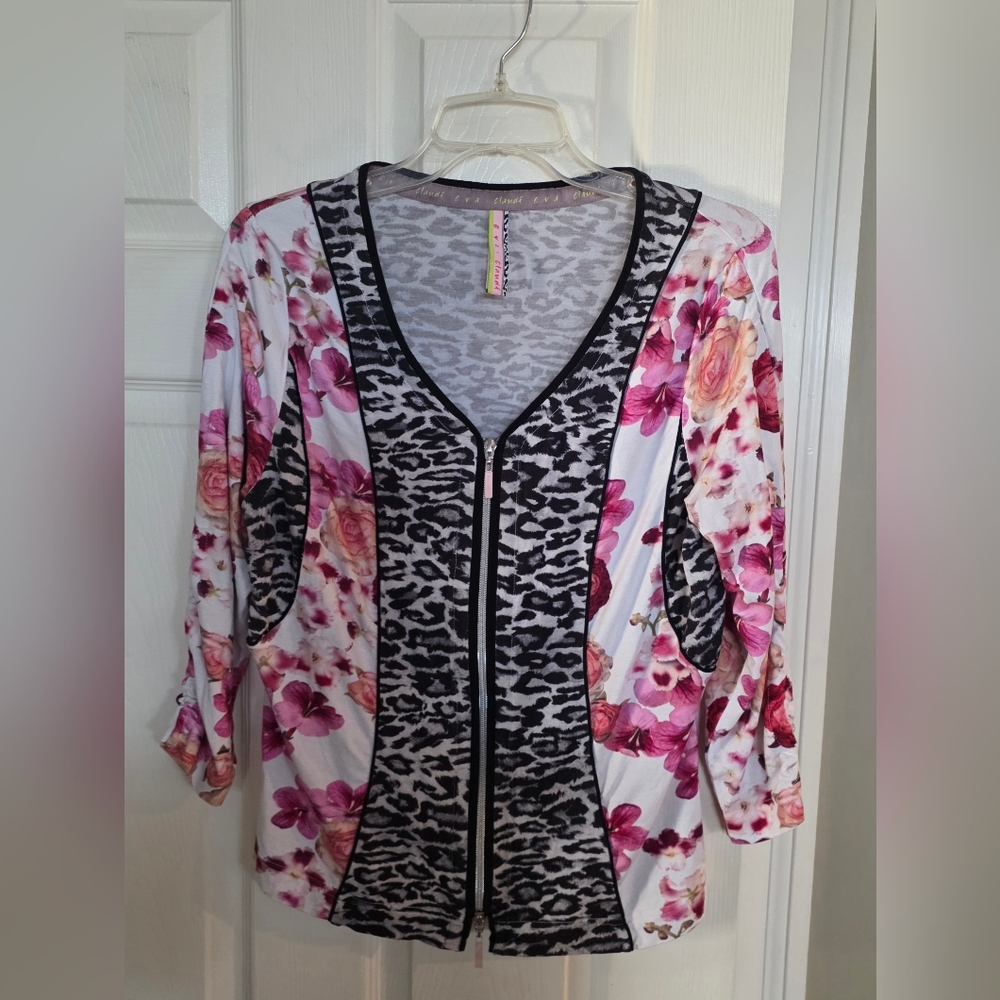 Eva Claudi Rose Floral Leopard Zip Front Blouse XL